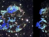 Composite image shows two perspectives of a three-dimensional reconstruction of Cassiopeia A