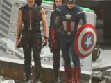 Jeremy Renner, Scarlett Johansson and Chris Evans in character on “The Avengers” set
