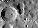 LROC WAC mosaic of region around the lunar highest point (arrow). Engel'gradt (after Vasilij Pavlovich; Russian astronomer, 1828-1915) crater is 44 km diameter, north is up, mosaic width 100 km.