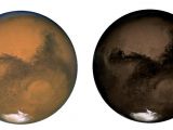 Mars would be of a blackish color, like the image on the right, if not for the red dust that covers its surface