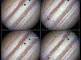 Image shows the three moons and their shadows parade across Jupiter - comparison of beginning and end of sequence, including annotations