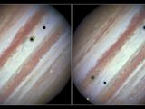 Three moons and their shadows parade across Jupiter - comparison of beginning and end of sequence