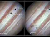 Three moons and their shadows parade across Jupiter - comparison of beginning and end of sequence, with annotations