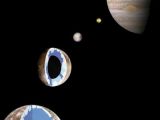 Jupiter (right) and the Galilean satellites (right to left) Io, Europa, Ganymede, and Callisto