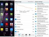 BlackBerry OS 10.3.1 home screen, battery info, and settings