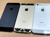 "Champagne" iPhone 5S chassis compared to iPhone 5 (black and white models)