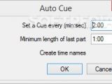 You can make the utility automatically set a cue at a custom time (in minutes) in order to split large tracks into small segments of the same length.